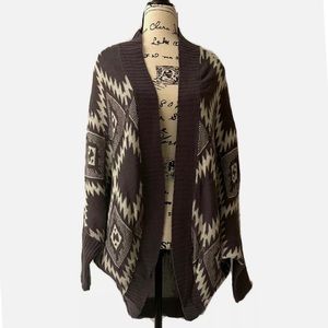Vintage Aztec Cardigan Sweater in Mocha/Cream Open Front Sleeves finished in RIB